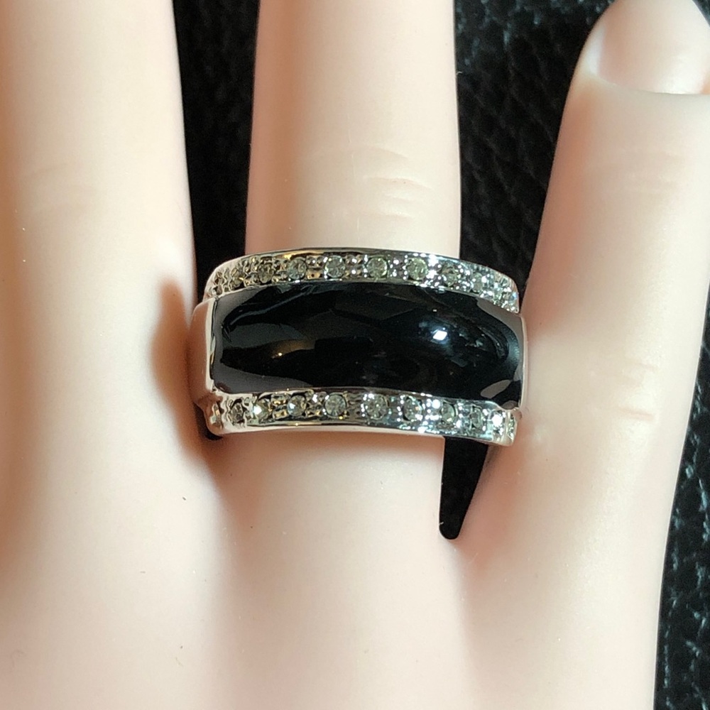 Silver Black Enamel Crystal Wide Band Ring Sz 8.75 Camille Lucie France